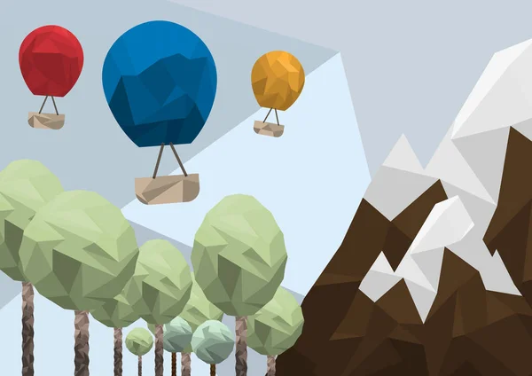 Vieleckige Berge Und Wälder Mit Vielen Luftballons Modernes Low Poly — Stockvektor