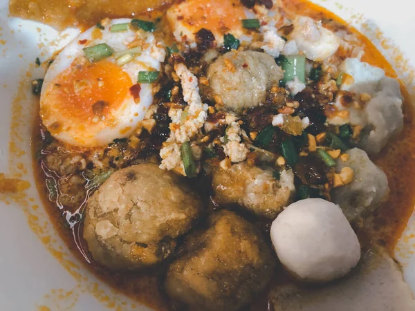 Zamknij Się Wielu Klopsików Tom Mniam Makaron Tajskie Jedzenie — Zdjęcie stockowe