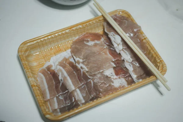 Thinly Sliced Raw Pork Loin Packaging Tray Ready Cook — Stock Photo, Image