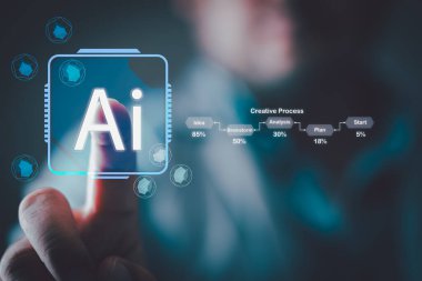 Çalışmak için yapay zeka kullanan bir dijital arayüze elle dokunmak. Teknoloji ve insanlar yapay zeka ile çalışma kavramını kullanıyorlar.