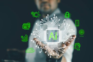 Teknoloji ve insanlar yapay zeka, yapay zeka kavramları, modern teknoloji, internet ve ağ kurma kavramına yardımcı olmak için yapay zeka kullanırlar. Chatbot, asistan, sekreter.