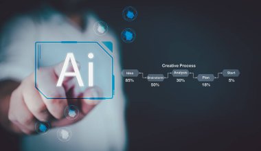 Teknoloji ve insan konsepti adamı yapay zeka, yapay zeka ve yapay zeka kavramına yardım etmek için yapay zekayı kullanır. Modern teknoloji, internet ve ağ konsepti. Günlük yaşamda yapay zeka teknolojisi.