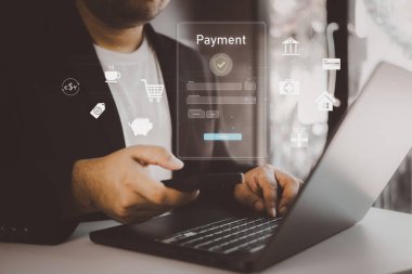 Çevrimiçi ödeme, bilgisayar, bankacılık, çevrimiçi alışveriş, dijital çevrimiçi ödeme konsepti, internet üzerinden teknoloji bankacılık uygulamaları, finansal işlem.