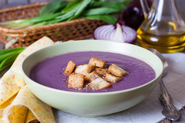 Krim sup kubis dan crouton dalam mangkuk — Stok Foto