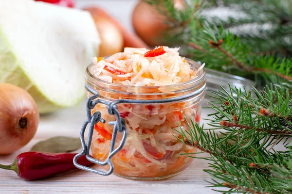 Glass Jar Homemade Sauerkraut Wooden Table Winter Salad — Stock Photo, Image