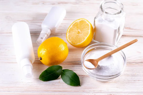 Eco friendly natural cleaners. Home cleaning concept. Baking soda, lemon, vinergar and salt.