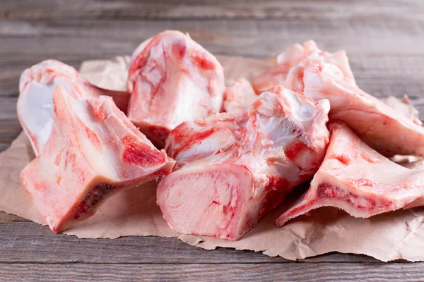 Raw Beef Bone Making Broth Wooden Table — Stock Photo, Image