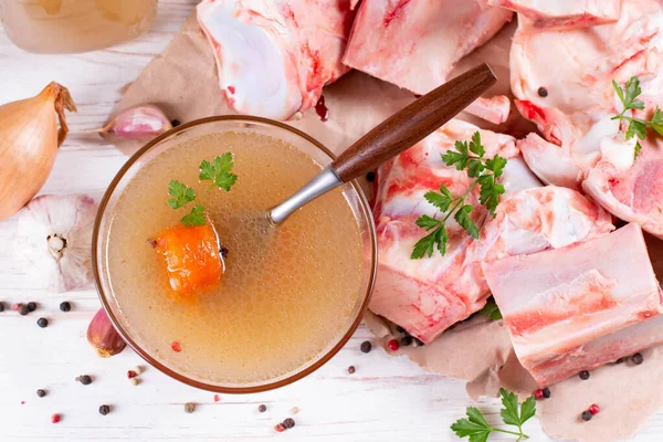 Nutricional Home Made Bone Caldo Pan Sobre Mesa Vista Superior — Fotografia de Stock