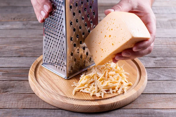 Ooking Food Home Concept Close Male Hands Grating Cheese Cutting — Stock Photo, Image