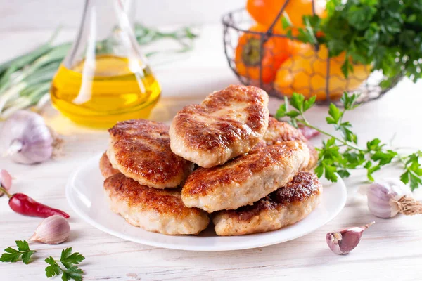 Delicious Fish Cutlets Plate Wooden Table Horizontal — Stock Photo, Image