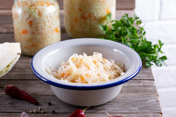 Homemade Sauerkraut Carrot Spices Plate Sour White Cabbage — Stock Photo, Image