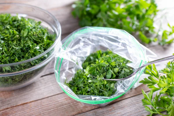 Hierbas Congeladas Una Bolsa Plástico Verduras Congeladas Concepto Alimentación Saludable — Foto de Stock