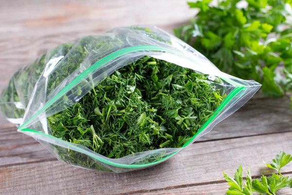 Hierbas Congeladas Una Bolsa Plástico Verduras Congeladas Concepto Alimentación Saludable — Foto de Stock