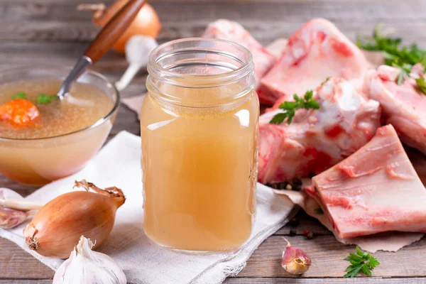 Homemade Beef Bone Broth Natural Collagen Bouillon Glass Mug Raw Stock Picture