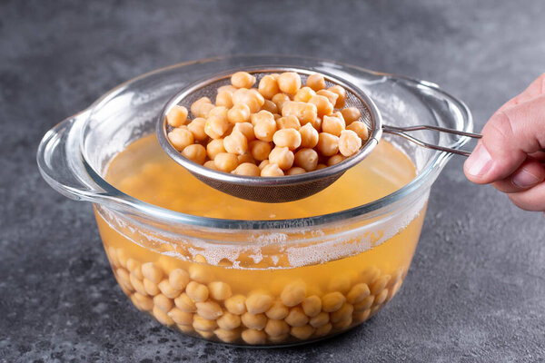 Boiled chikpea in sieve close up. Source of protein for vegan healthy diet