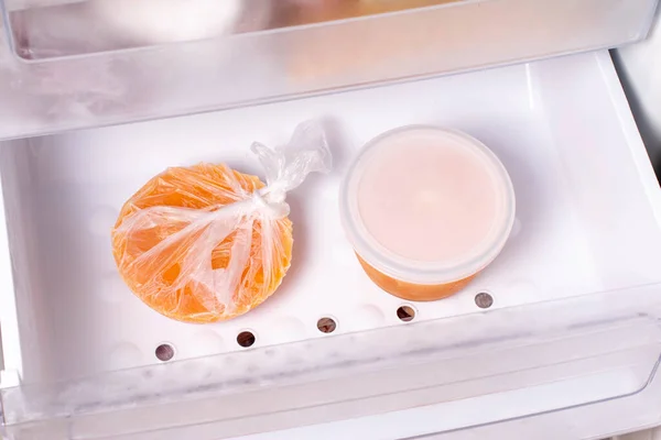 Frozen pumpkin soup. Frozen food. Frozen soup. Preparing food for the week — Stock Image Frozen Pumpkin Soup Frozen Food Frozen Soup Preparing Food Week Stock Image