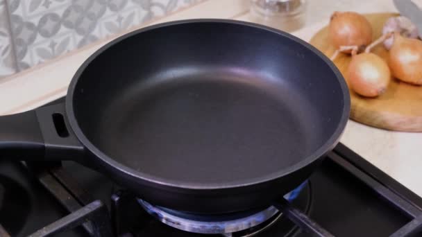 Pouring Oil Frying Pan Cooking Process Chef Pours Sunflower Oil — Stock Video