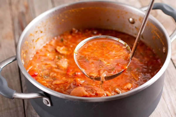 Sendok Borscht Ukraina Borsch Saucepan Dengan Hidangan Nasional Ukraina Sup — Stok Foto