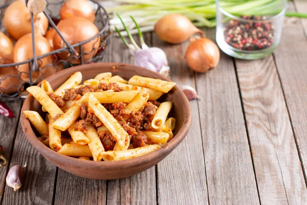 Penne Pasta Tomato Sauce Meat Wooden Table Copy Space — Stock Photo, Image