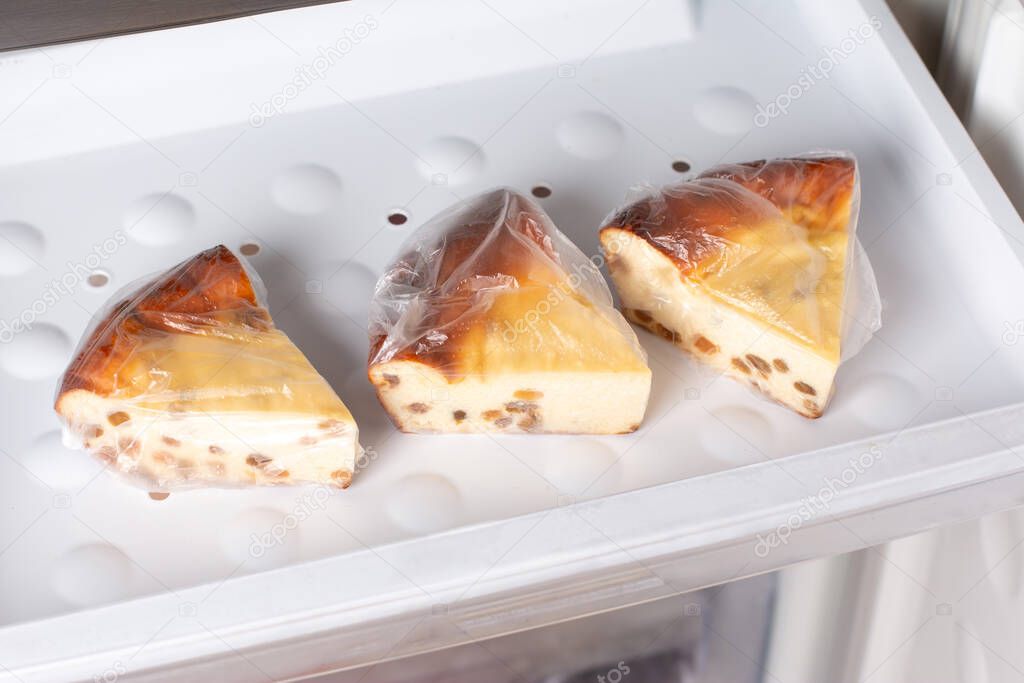 Frozen cheesecake with raisins in the freezer. Frozen cottage cheese casserole, frozen food