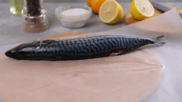 Fisch Kochen Frische Rohe Makrelen Gesundes Und Schmackhaftes Essen Zubereiten — Stockvideo