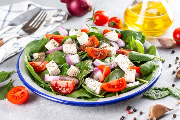 Ispanaktan taze sebze salatası, domates, feta peyniri, açık beton arka planda tabakta soğan.