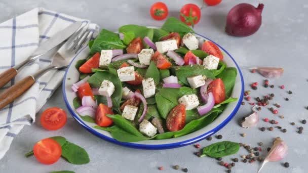 Verser Huile Olive Sur Salade Fraîcheur Préparée Avec Des Épinards — Video