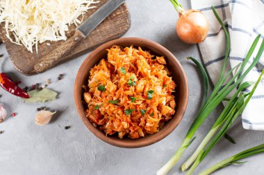Bigos, geleneksel bir Polonya yemeği, lahanalı, yatay. Üst Manzara. Boşluğu kopyala