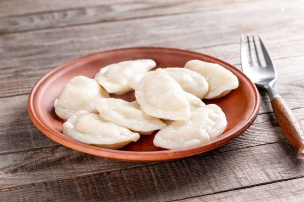 Knoedels Met Aardappelvulling Dumplings Een Kleiplaat Vrije Ruimte Voor Tekst — Stockfoto