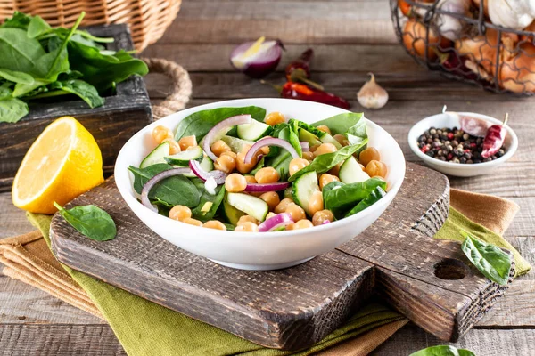 Ceci Fagiolo Garbanzo Insalata Piatto Tavolo Legno — Foto Stock