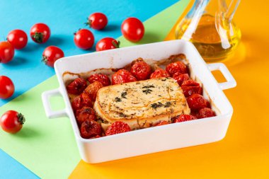 Baked feta pasta. Trending Feta bake pasta recipe made of cherry tomatoes, feta cheese, herbs and garlic on a colored background