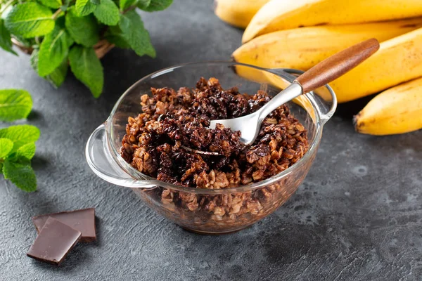 Avena Chocolate Avena Gachas Con Chocolate Parte Superior Servido Tazón — Foto de Stock