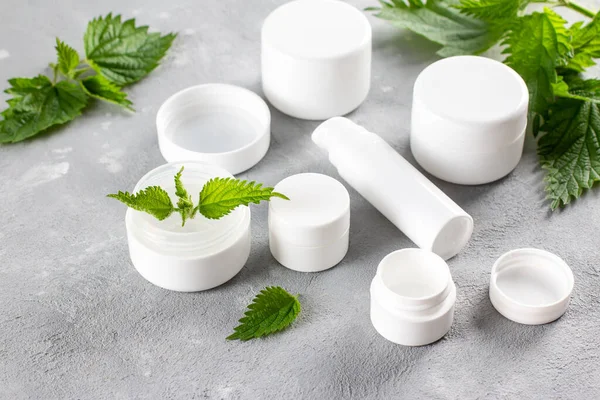 Natural Cosmetic Skincare Moisturizer Gel Lotion White Bottles Medicinal Herb — Stock Photo, Image