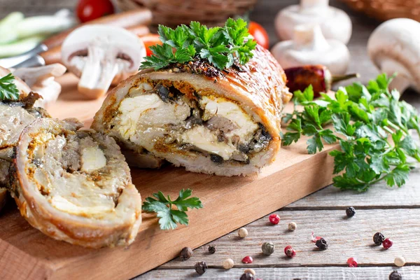 Roasted Pork Roll Stuffed Mushrooms Cheese Served Vegetables Wooden Board — Stock Photo, Image