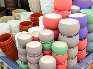 Mağazadaki rafta saksılar dolusu çiçek var. Renkli tencereler