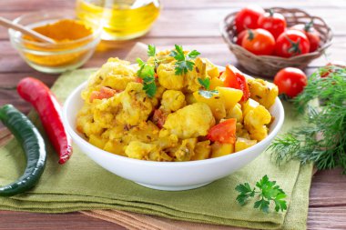 Lezzetli Aloo Gobi Hint yemeği. Kızarmış karnabahar ve masada patates.