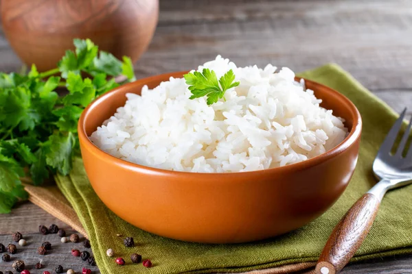 Arroz Blanco Cuenco Sobre Mesa Madera —  Fotos de Stock