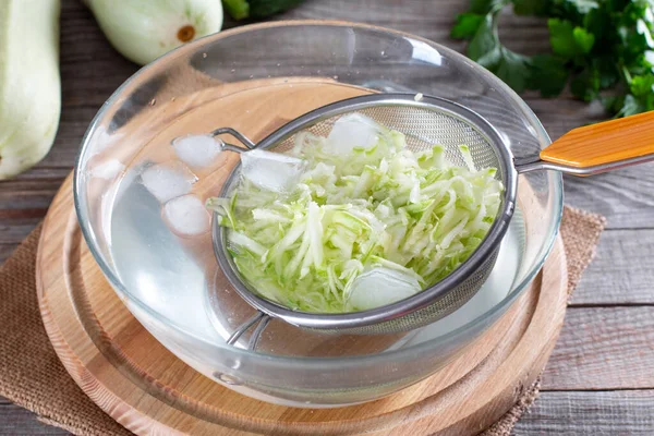 Boiled Vegetables Zucchini Colander Ice Water Blanching Frozen Food Concept — Stock Photo, Image