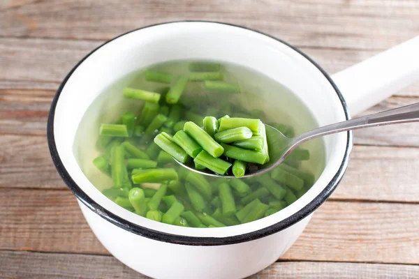 Frijoles Verdes Blanqueados Para Cocinar Lobio Frijoles Verdes Con Verduras — Foto de Stock