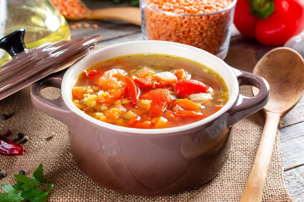 Minestra Vegetale Con Lenticchie Tavolo Legno Cibo Sano Cibo Sano — Foto Stock