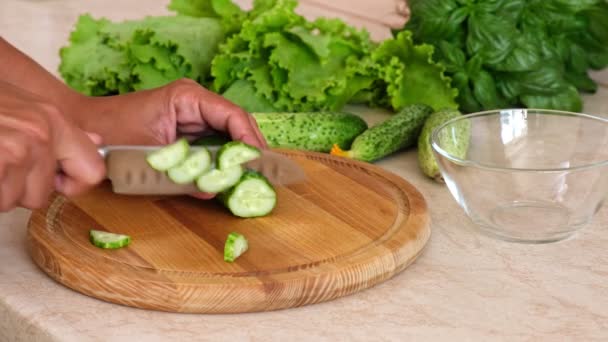 Vrouwenhanden Gesneden Verse Groene Komkommer Zelfgemaakt Eten Lekkere Biologische Voedselingrediënten — Stockvideo
