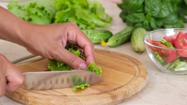 Vrouw Handen Gesneden Verse Groene Sla Bladeren Salade Maken Zelfgemaakt — Stockvideo