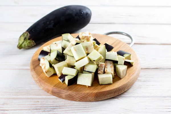 Chopped Eggplant Knife Cutting Board Wooden Table — Stock Photo, Image