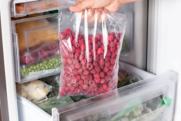 Frozen Raspberries Freezer Frozen Berries Food Storage — Stock Photo, Image