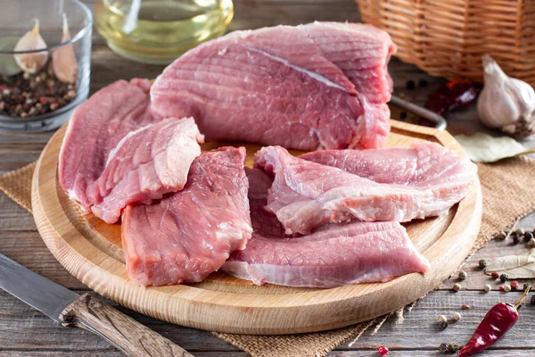 Raw Pork Chops Ready Cook Wooden Board Rustic Kitchen Fresh — Stock Photo, Image