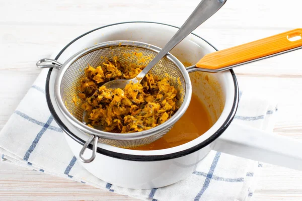 Fresh Sea Buckthorn Sieve Making Sea Buckthorn Puree Frozen Sea — Stock Photo, Image