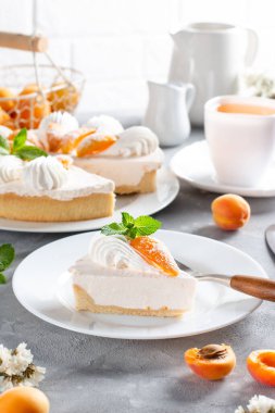 Peynirli tart ve hafif arka planda kayısı. Kayısı turtası. Meyveli turta. Fransız hamur işleri.