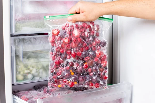 Dondurucuda şeffaf plastik torbalarda donmuş meyveler. Donmuş böğürtlenlerle dolu derin dondurucu. Sağlıklı beslenme kavramı. Donmuş yiyecekler.