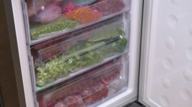 Donmuş meyveler. Donmuş gıda deposu. Ev eşyası rafı. Çiğ gıda diyeti. Dilimlenmiş böğürtlen ve meyve dolu plastik kutular.