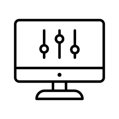 Bilgisayar, monitör, ayarlar, ekran simgesi vektör görüntüsü. Bankacılık ve finans için de kullanılabilir. Web uygulamalarında, mobil uygulamalarda ve yazdırma ortamlarında kullanılabilir.
